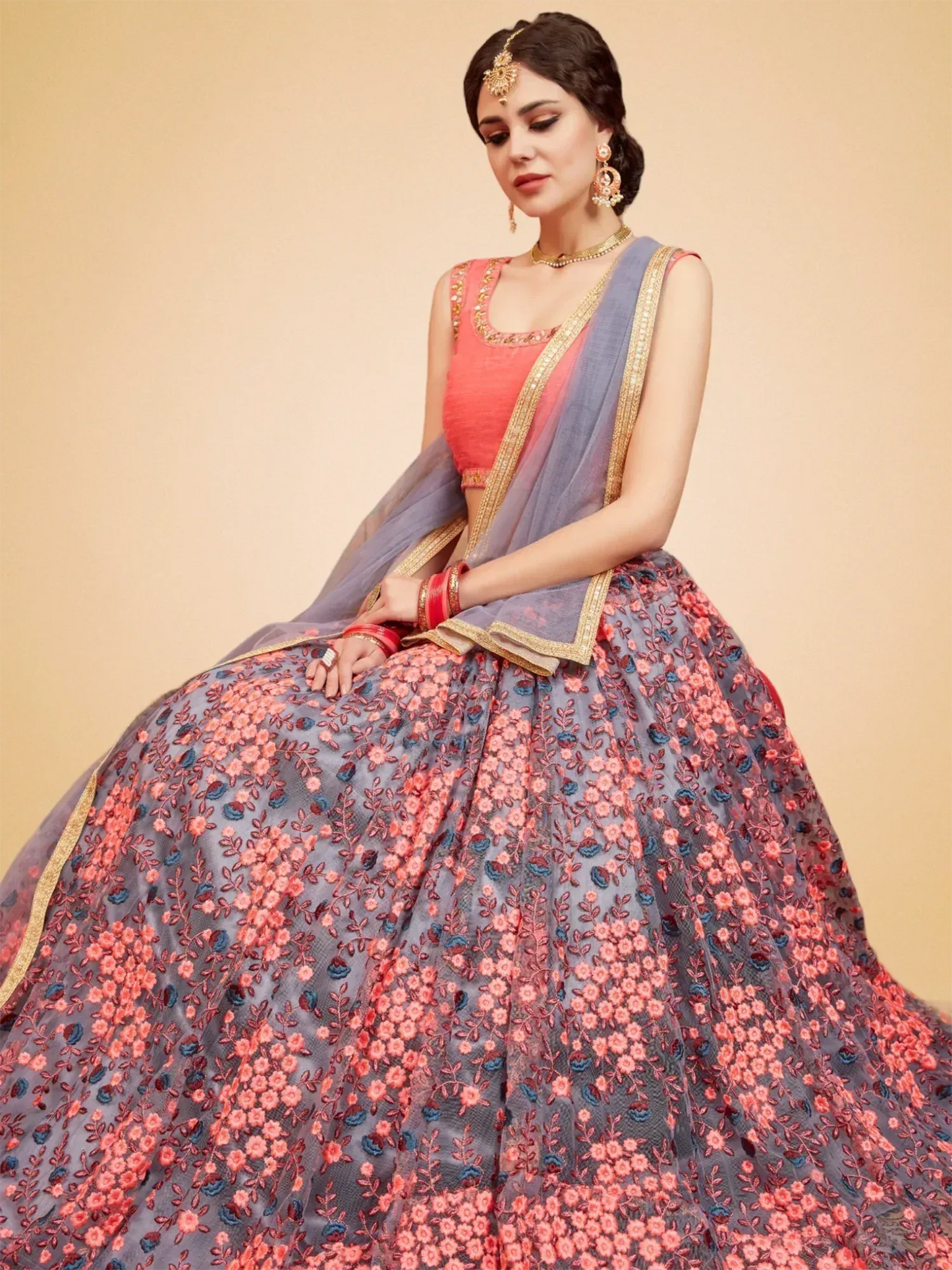 Tulsi Art Grey Floral Embroidered Net Bridal Lehenga Choli