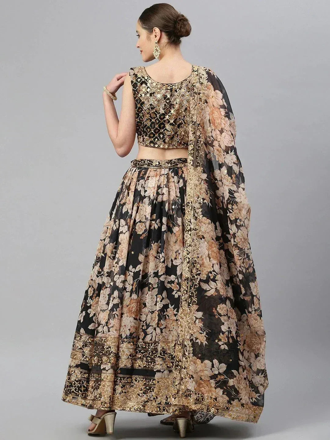 Tulsi Art Black & Beige Embellished Sequinned Semi-Stitched Lehenga & Unstitched Blouse