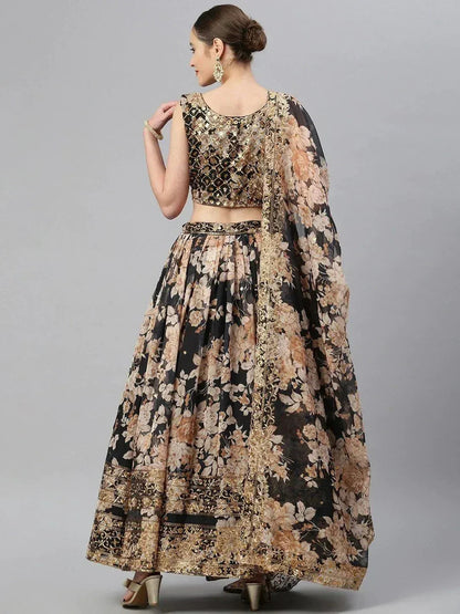 Tulsi Art Black & Beige Embellished Sequinned Semi-Stitched Lehenga & Unstitched Blouse