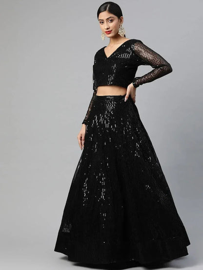 Tulsi Art Black Embroidered Sequinned Semi-Stitched Myntra Lehenga & Blouse With Dupatta