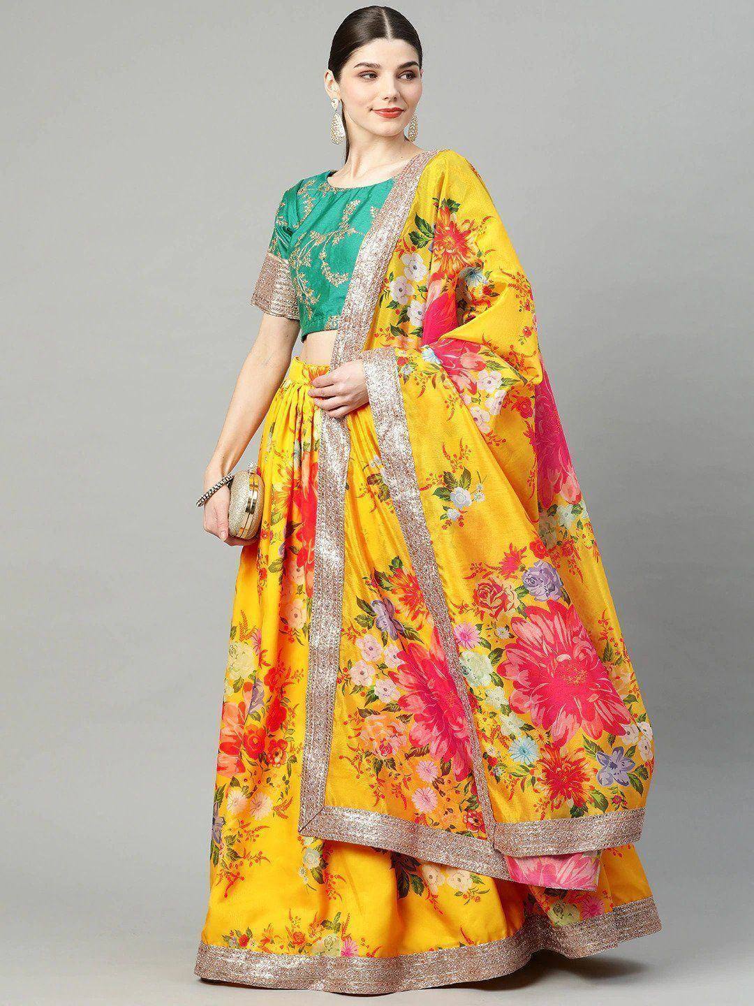 Tulsi Art Mustard Yellow Semi-Stitched Myntra Lehenga & Unstitched Blouse With Dupatta