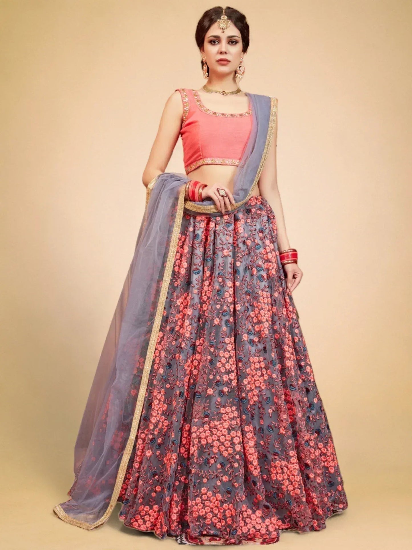 Tulsi Art Grey Floral Embroidered Net Bridal Lehenga Choli