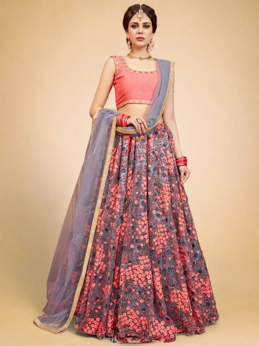 Tulsi Art Grey Floral Embroidered Net Bridal Lehenga Choli