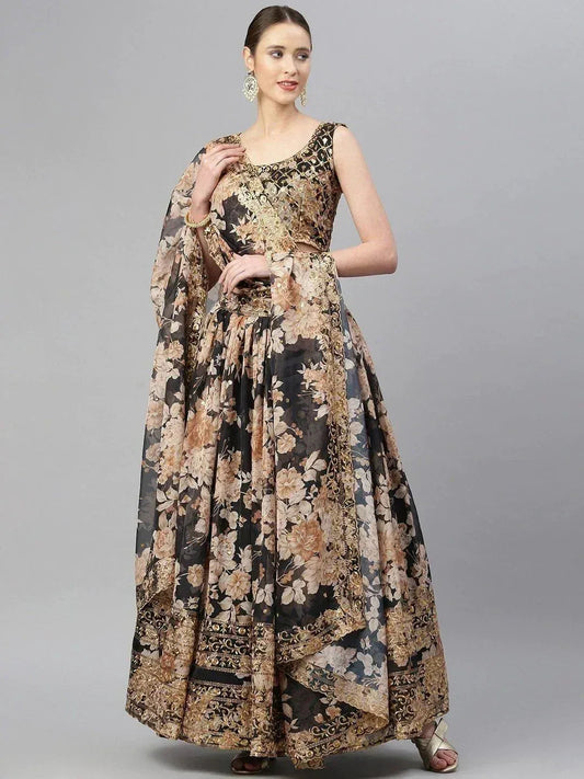 Tulsi Art Black & Beige Embellished Sequinned Semi-Stitched Lehenga & Unstitched Blouse