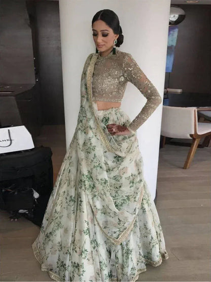 Tulsi Art Sabyasachi White Floral Printed Organza Silk Bridal Lehenga Choli