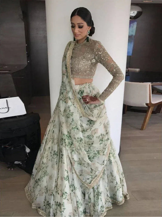 Tulsi Art Sabyasachi White Floral Printed Organza Silk Bridal Lehenga Choli