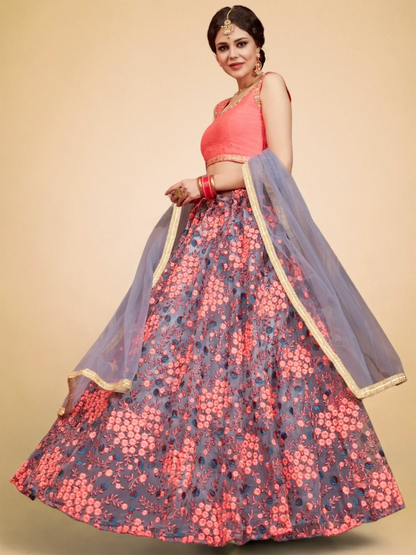 Tulsi Art Grey Floral Embroidered Net Bridal Lehenga Choli