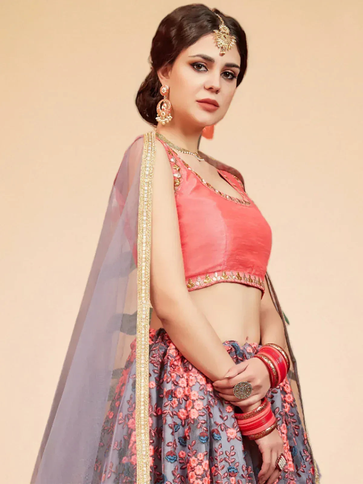 Tulsi Art Grey Floral Embroidered Net Bridal Lehenga Choli