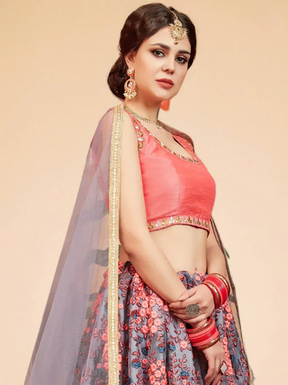 Tulsi Art Grey Floral Embroidered Net Bridal Lehenga Choli