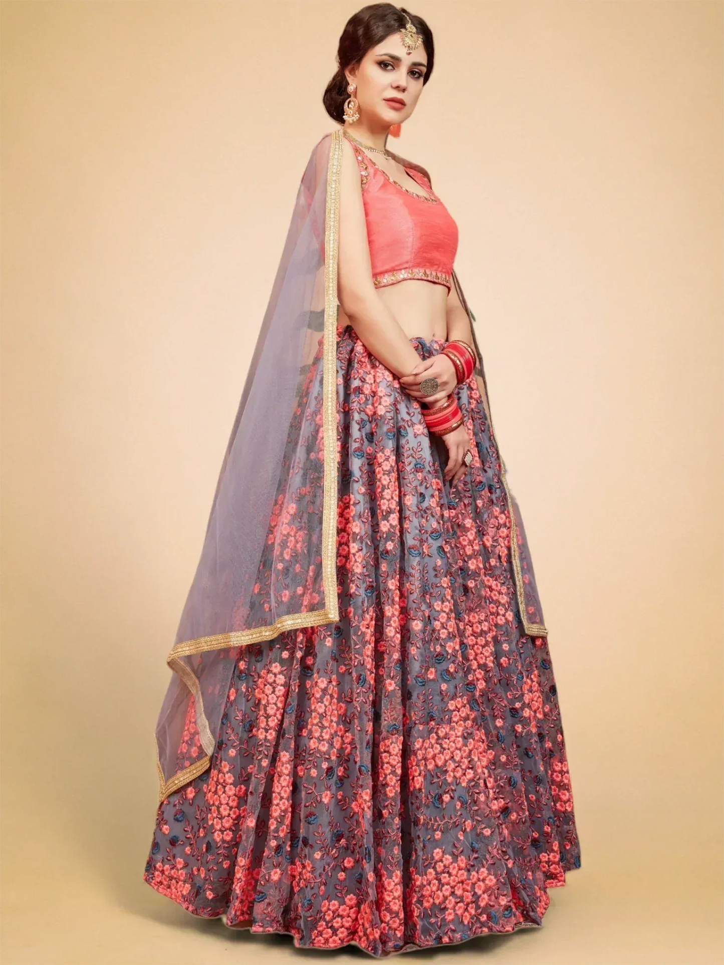 Tulsi Art Grey Floral Embroidered Net Bridal Lehenga Choli