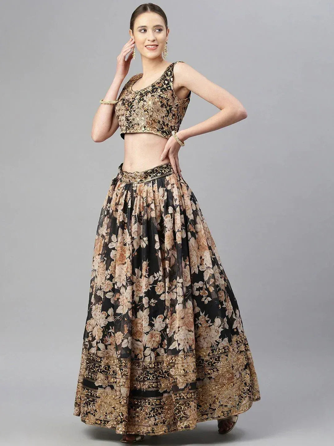 Tulsi Art Black & Beige Embellished Sequinned Semi-Stitched Lehenga & Unstitched Blouse