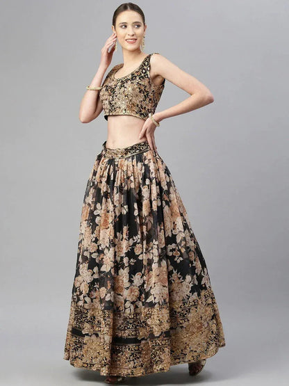 Tulsi Art Black & Beige Embellished Sequinned Semi-Stitched Lehenga & Unstitched Blouse
