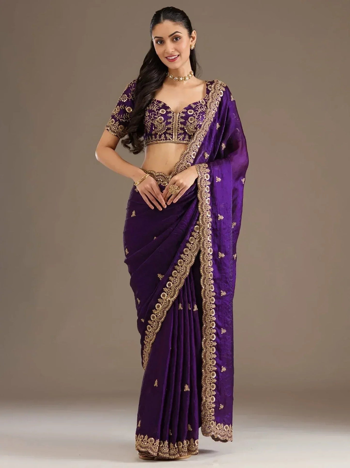 Tulsi Art Beautiful Purple Zari Embroidered Silk Party Wear Saree With Blouse