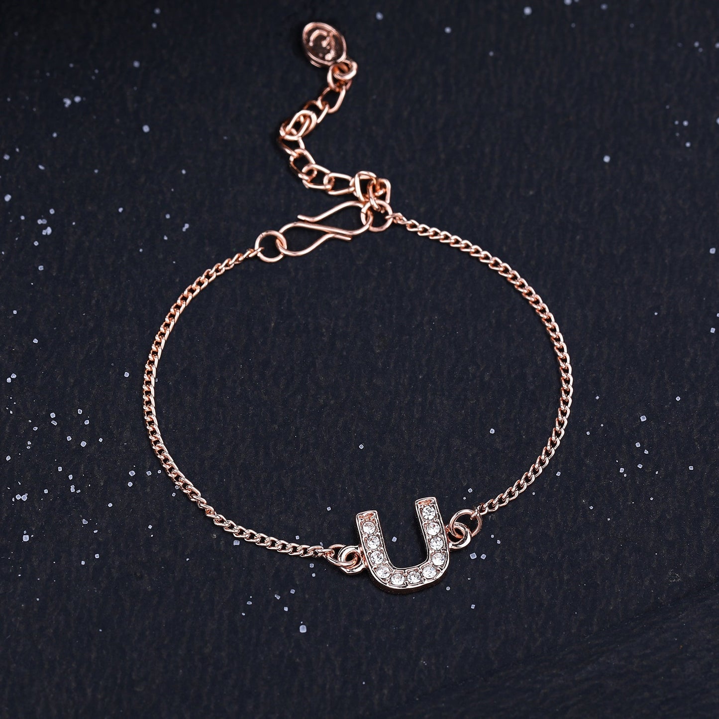 Estele Rosegold Plated Captivating Medium 'U' Letter Charm Bracelet with White Crystals for Women