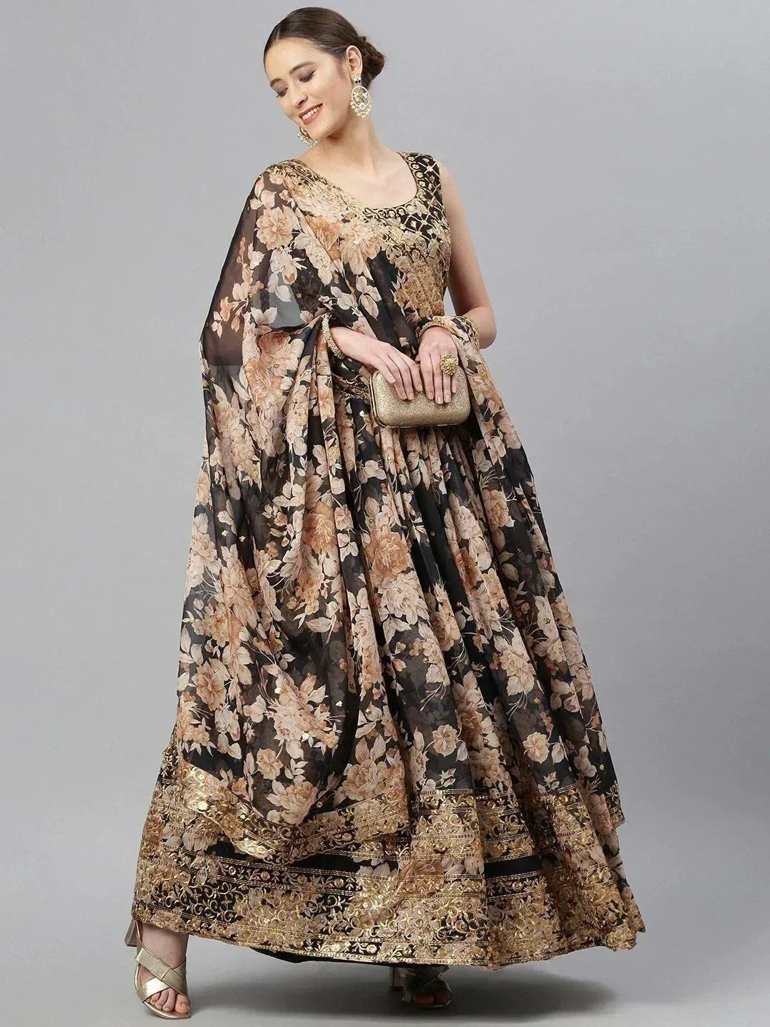 Tulsi Art Black & Beige Embellished Sequinned Semi-Stitched Lehenga & Unstitched Blouse