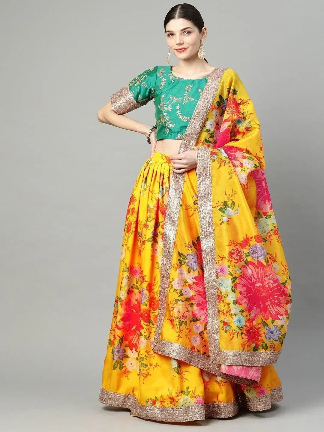 Tulsi Art Mustard Yellow Semi-Stitched Myntra Lehenga & Unstitched Blouse With Dupatta