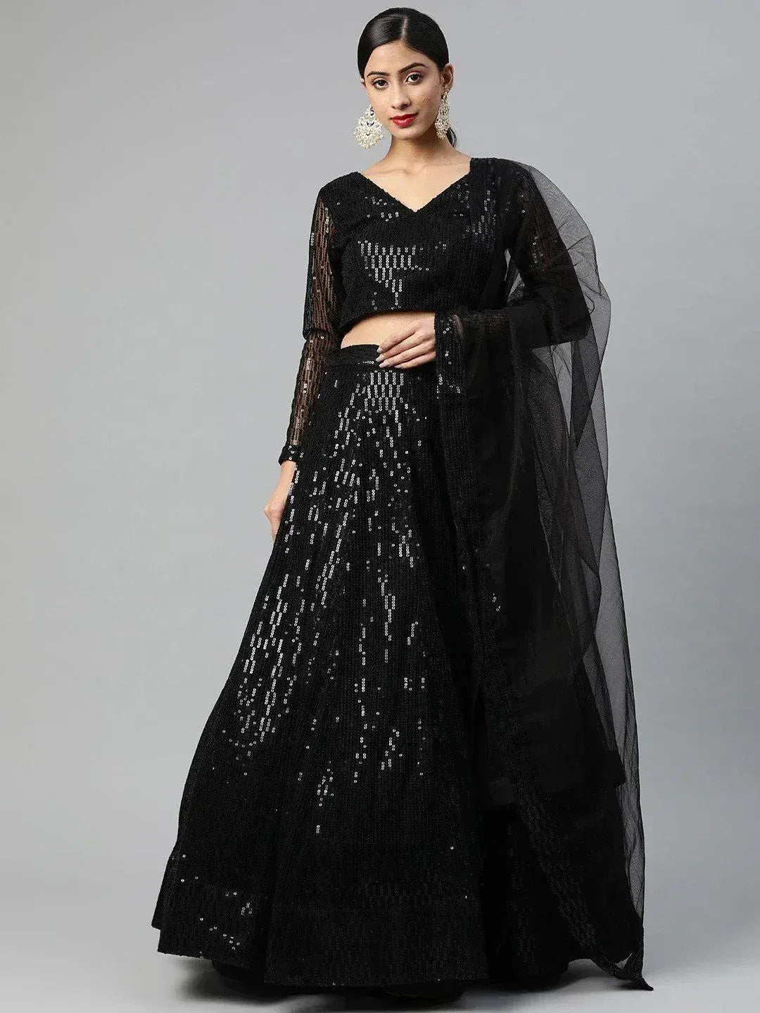 Tulsi Art Black Embroidered Sequinned Semi-Stitched Myntra Lehenga & Blouse With Dupatta