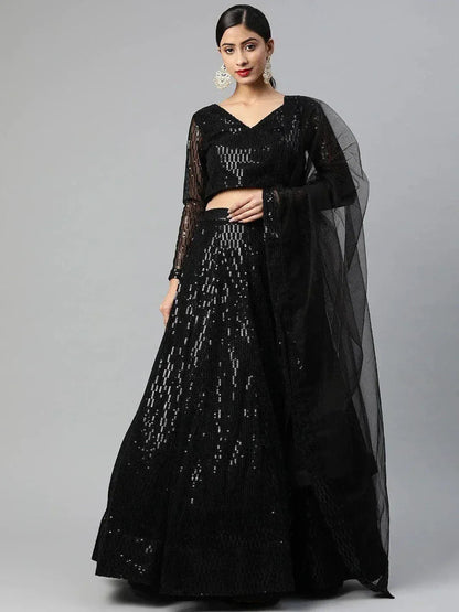 Tulsi Art Black Embroidered Sequinned Semi-Stitched Myntra Lehenga & Blouse With Dupatta