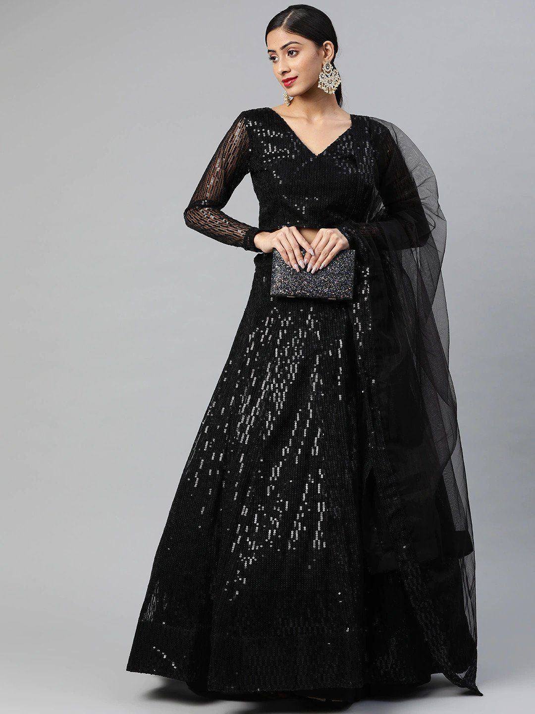 Tulsi Art Black Embroidered Sequinned Semi-Stitched Myntra Lehenga & Blouse With Dupatta