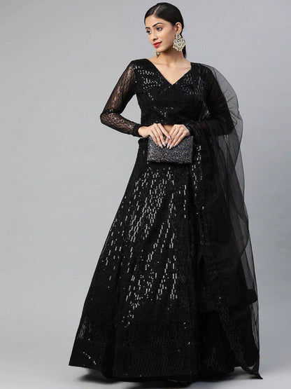 Tulsi Art Black Embroidered Sequinned Semi-Stitched Myntra Lehenga & Blouse With Dupatta