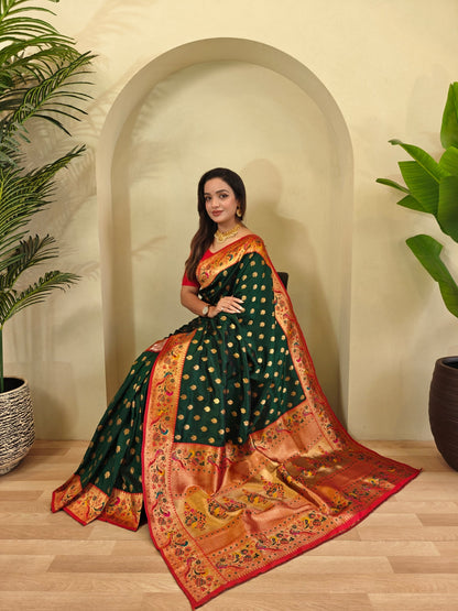 Mameraa Sarees Paithani Silk Blend Weaving Saree With Contrast Blouse-Green