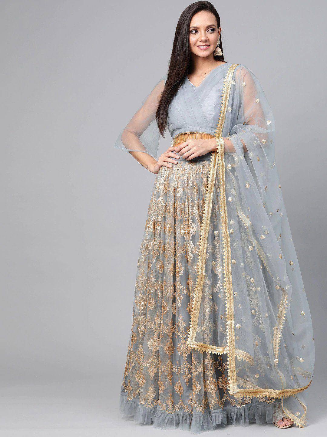 Tulsi Art Grey & Golden Semi-Stitched Embellished Myntra Lehenga & Unstitched Blouse With Dupatta