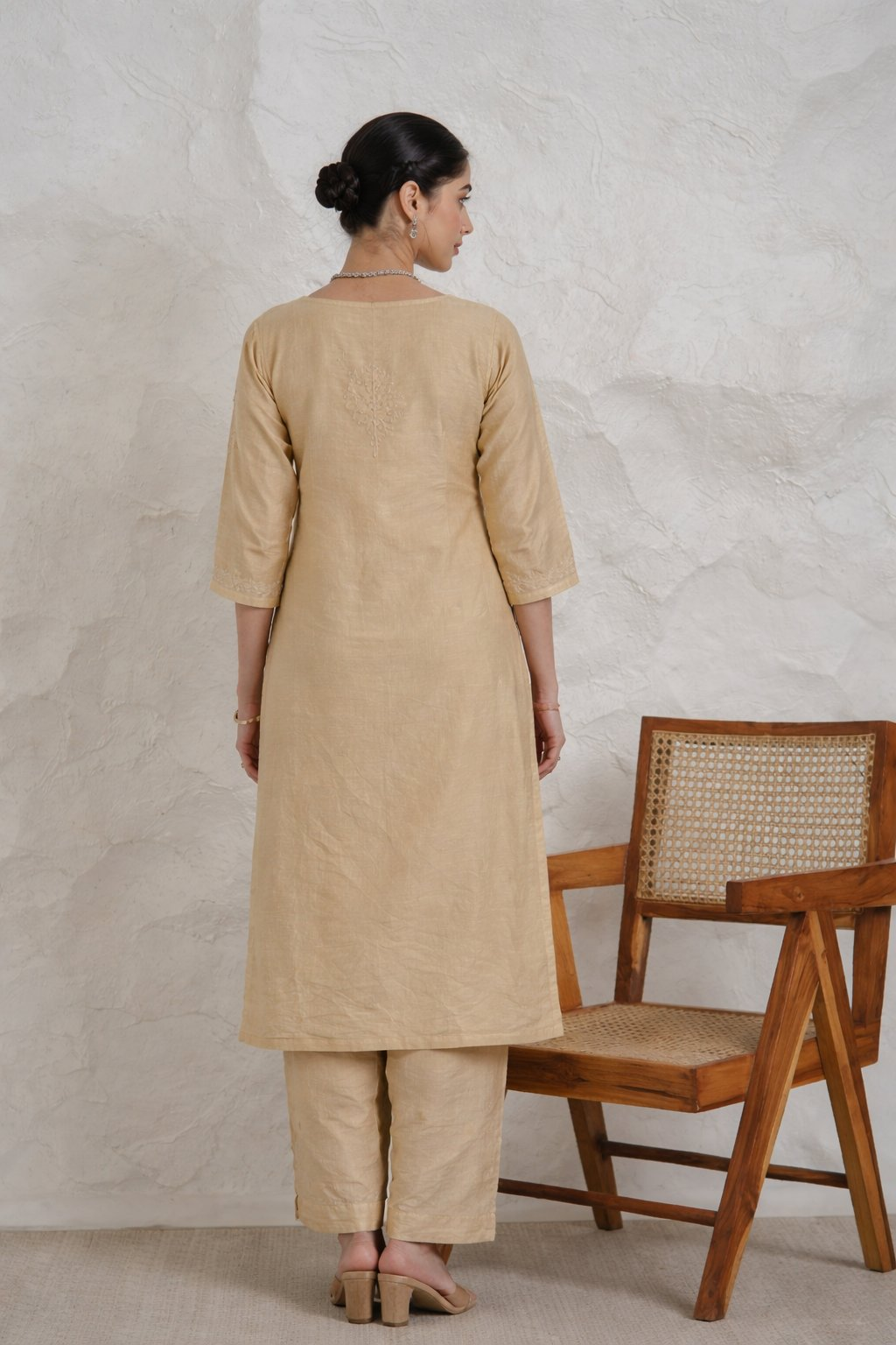 Gharana India Chanderi Beige Kurta Set With Embroidered Palazzo