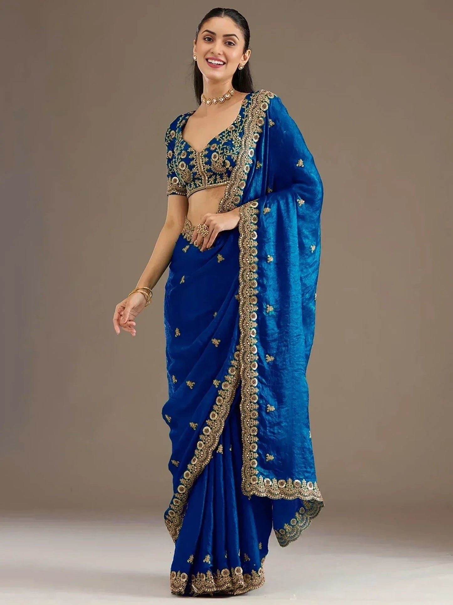 Tulsi Art Dazzling Blue Embroidered Silk Festive Wear Saree With Blouse