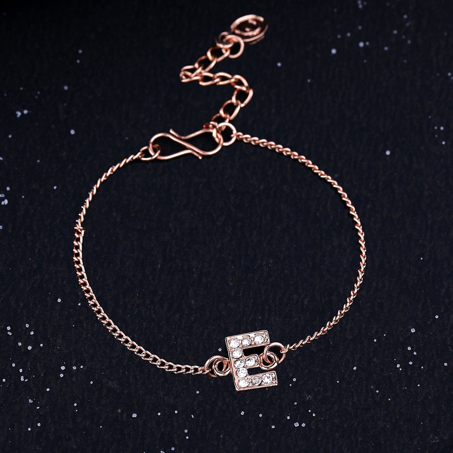 Estele Rose Gold Plated Captivating Medium 'E' Letter Bracelet with Crystals for Women
