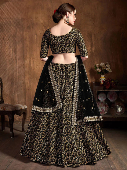 Tulsi Art Black Zari Embroidery Raw Silk Wedding Lehenga Choli With Dupatta