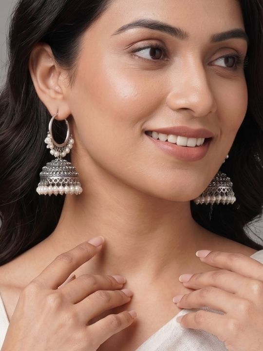 Sanaya Hoop German Silver Jhumka Earrings With Dangling Beads