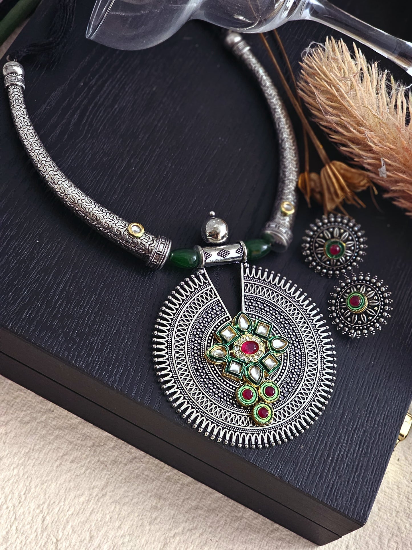 German Silver Necklace Set With Large Circular Pendant.