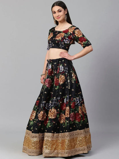 Tulsi Art Black & Grey Printed Semi-Stitched Myntra Lehenga & Unstitched Blouse With Dupatta