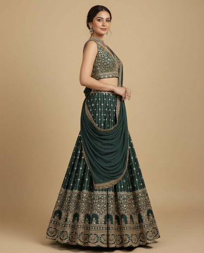 Lehenga Mart Greenish Star Faux Georgette Designer Bollywood Style Wedding Wear Lehenga Choli