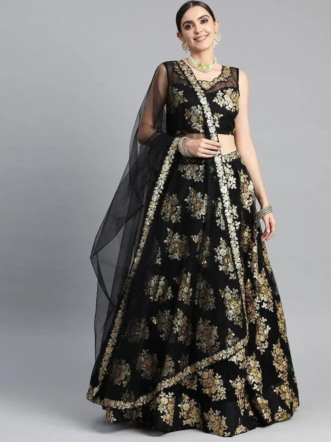 Tulsi Art Black & Golden Sequinned Semi-Stitched Myntra Lehenga & Blouse With Dupatta