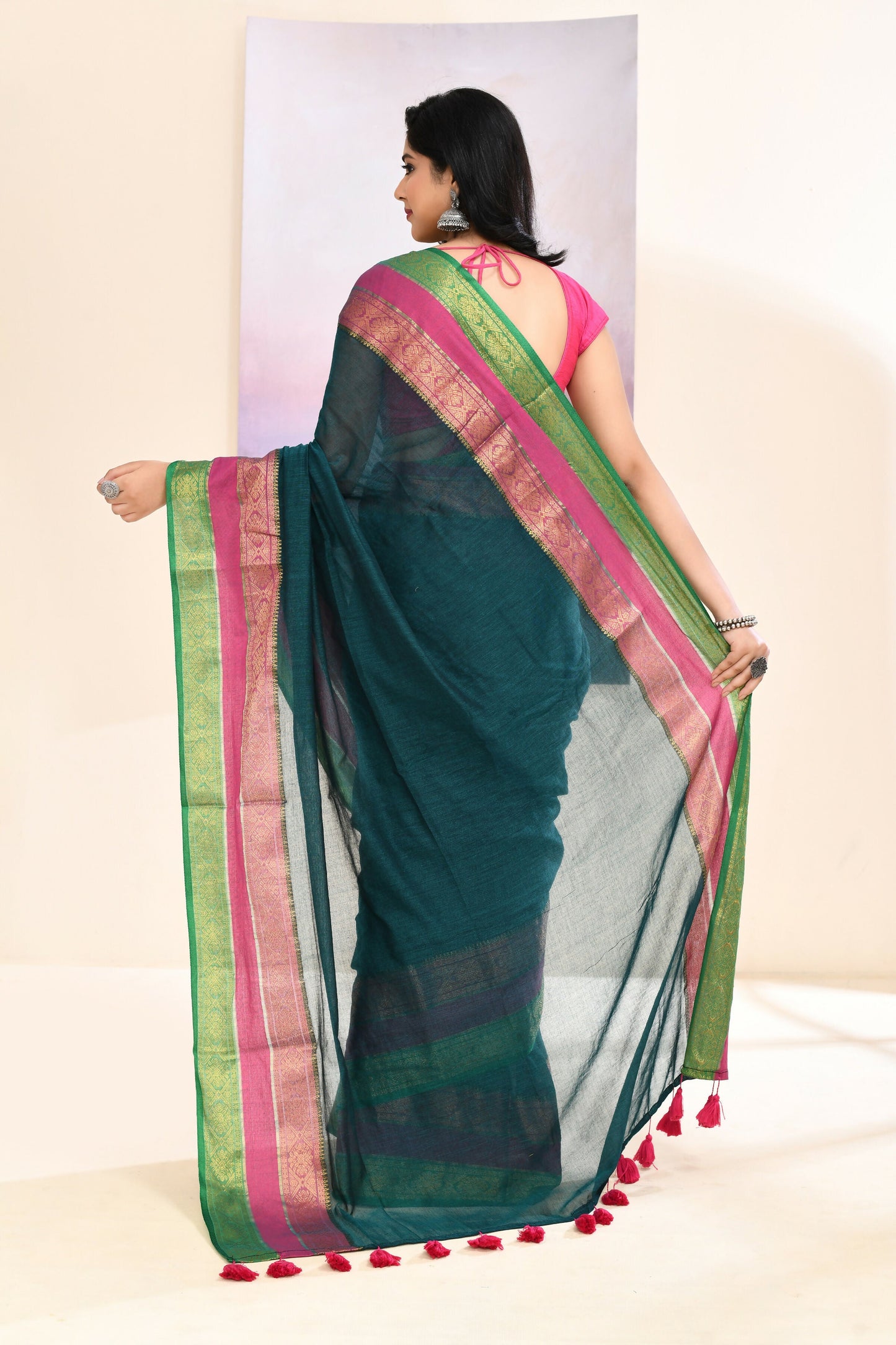 Piyari Fashion Women's Teal Embellished Zari Border Cotton Saree