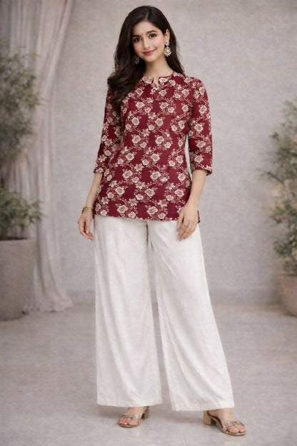 Teeya Creation Womens New Trendy Red Flower Floral Printed Short Kurti with Beige Palazzo Set