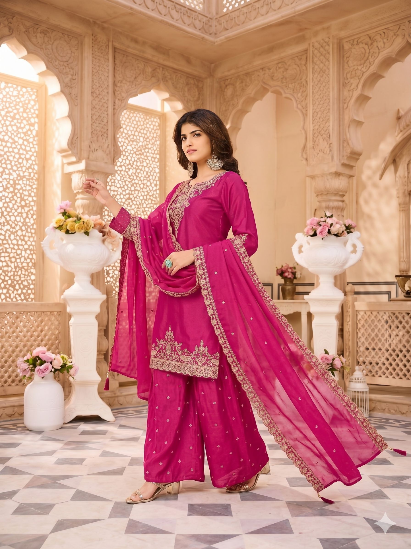 Teeya Creation Womens New Stylish Silk Embroidered Pink Sharara Suit With Golden Zari Work And Lace Border Dupatta