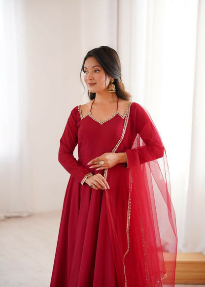 The52 Women's Gorgeous Embroidery Work Roman Silk Chanderi Fabric Flared Anarkali Pant and Dupatta Set-Maroon