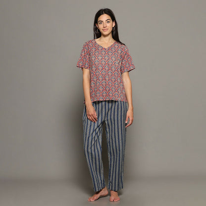 Breathables Women Cotton Printed Loungewear Kurta And Pants Co-Ord Set Pink & Navy I Nightwear