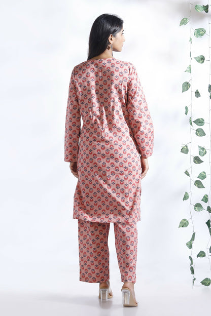 Breathables WomenS Loungewear Long Kurta Co-Ord Set Cotton Pink Indian Motif Butta Print