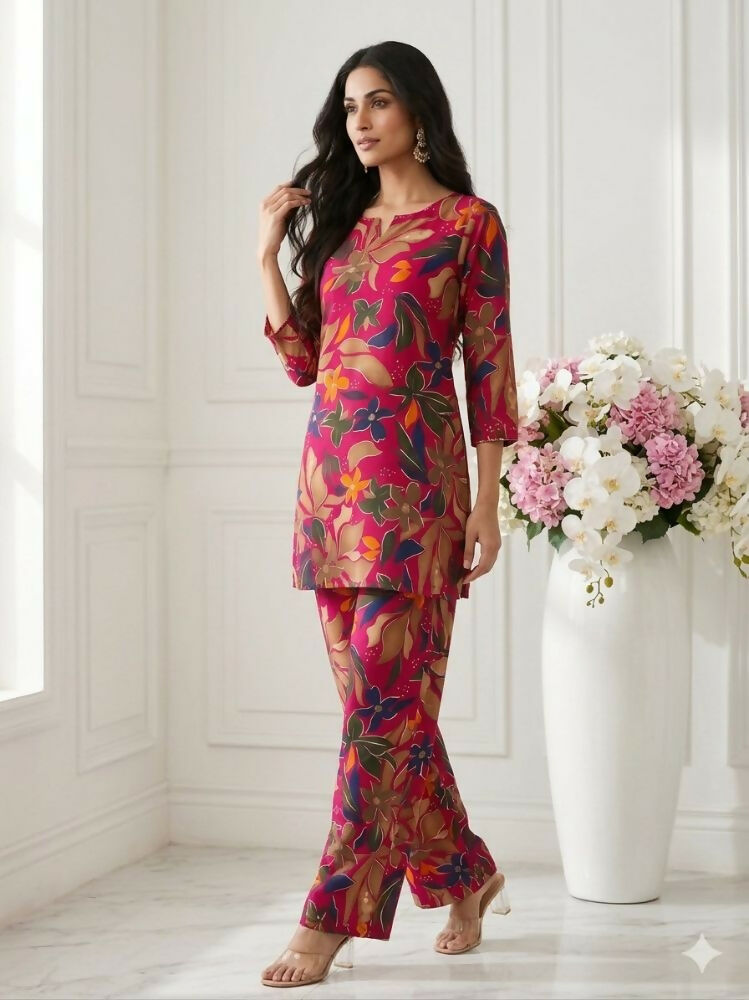 Teeya Creation Women New Latest Red Floral Printed Crepe Kurta with Palazzos Set
