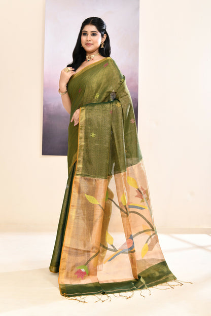 Piyari Fashion Women's Moss Green Embellished Tissue Jamdani Saree