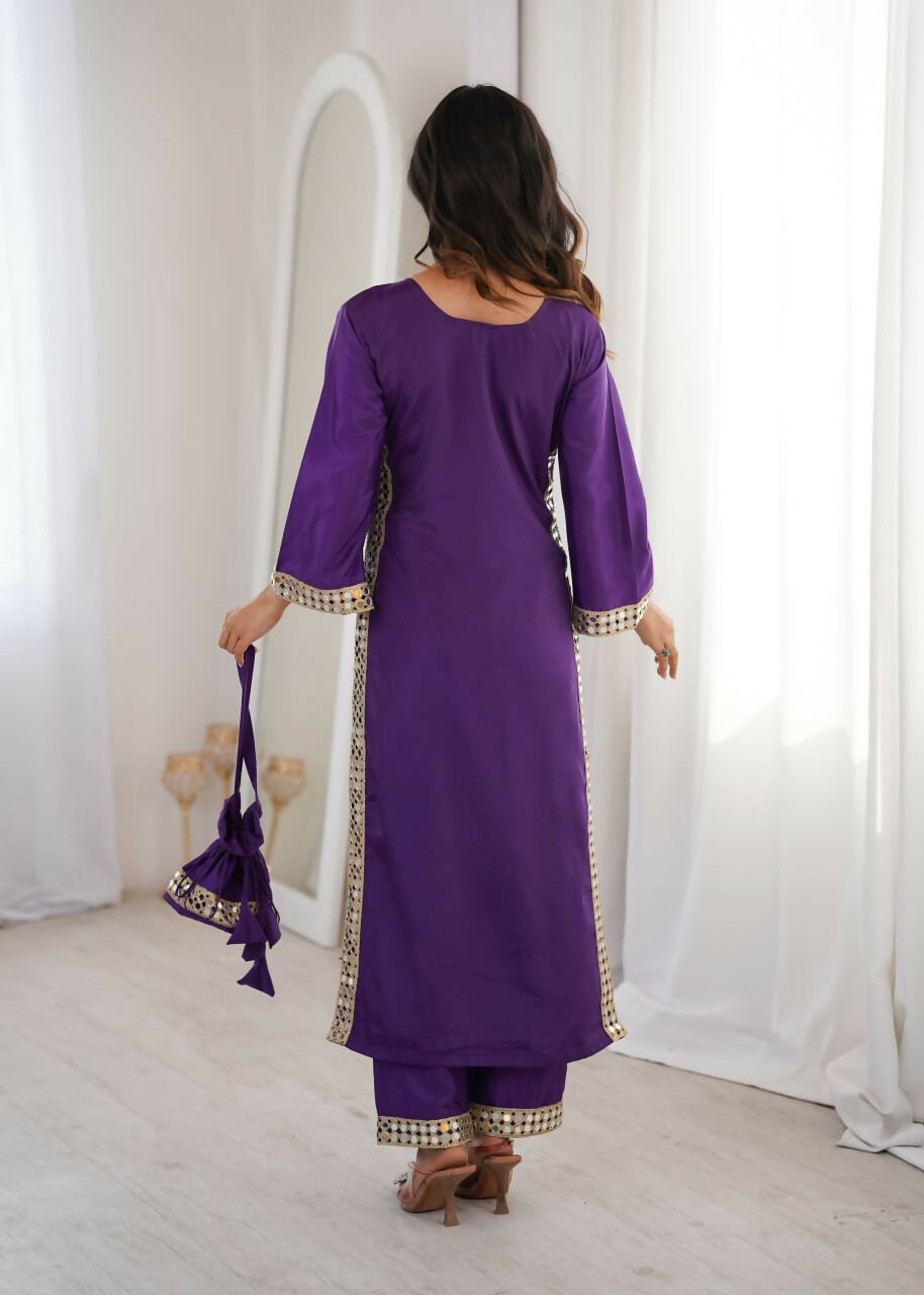 Teeya Creation Womens New Trending Purple Color Natural Crepe With Real Mirror Lace Work Kurta Set