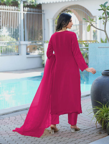 Nikhaar Magenta Embroidered Art Silk Stitched Straight Cut Kurta Pants Dupatta Readymade Suit