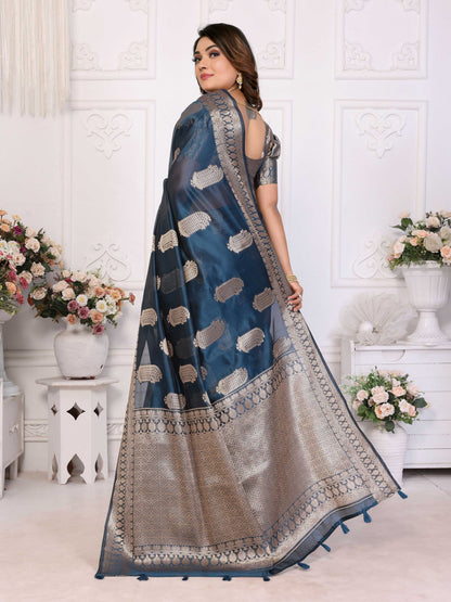 Aastha Fashion Teal Blue Soft Organza Silk Weaving Saree
