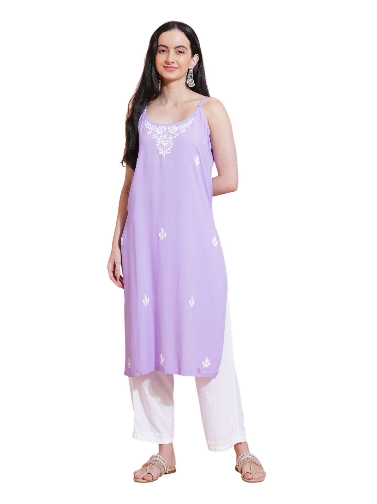 Pahnaz Luxury Rayon Chikankari Sleeveless Long Kurti-Lavender