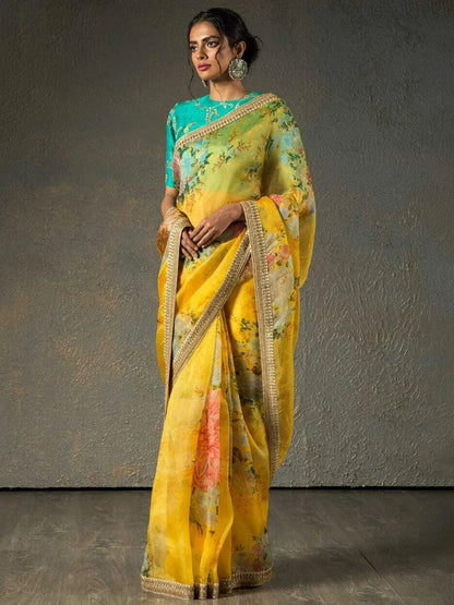 Tulsi Art Sabyasachi Yellow Floral Organza Wedding Wear Saree With Blouse