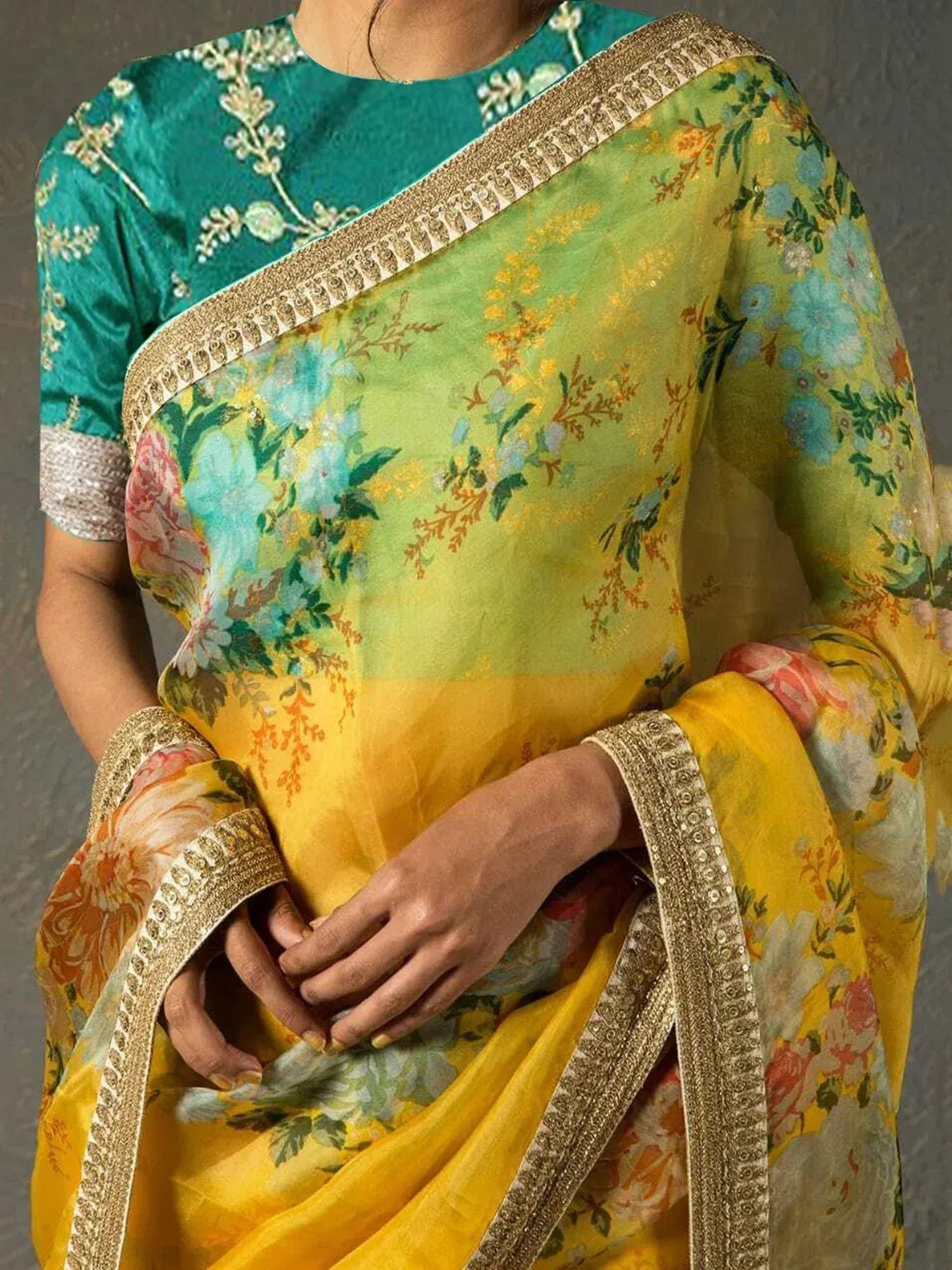 Tulsi Art Sabyasachi Yellow Floral Organza Wedding Wear Saree With Blouse