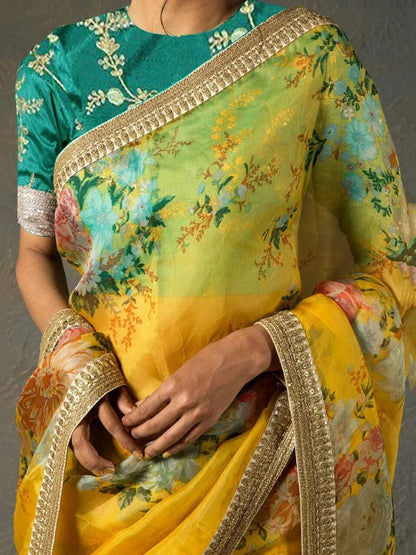 Tulsi Art Sabyasachi Yellow Floral Organza Wedding Wear Saree With Blouse